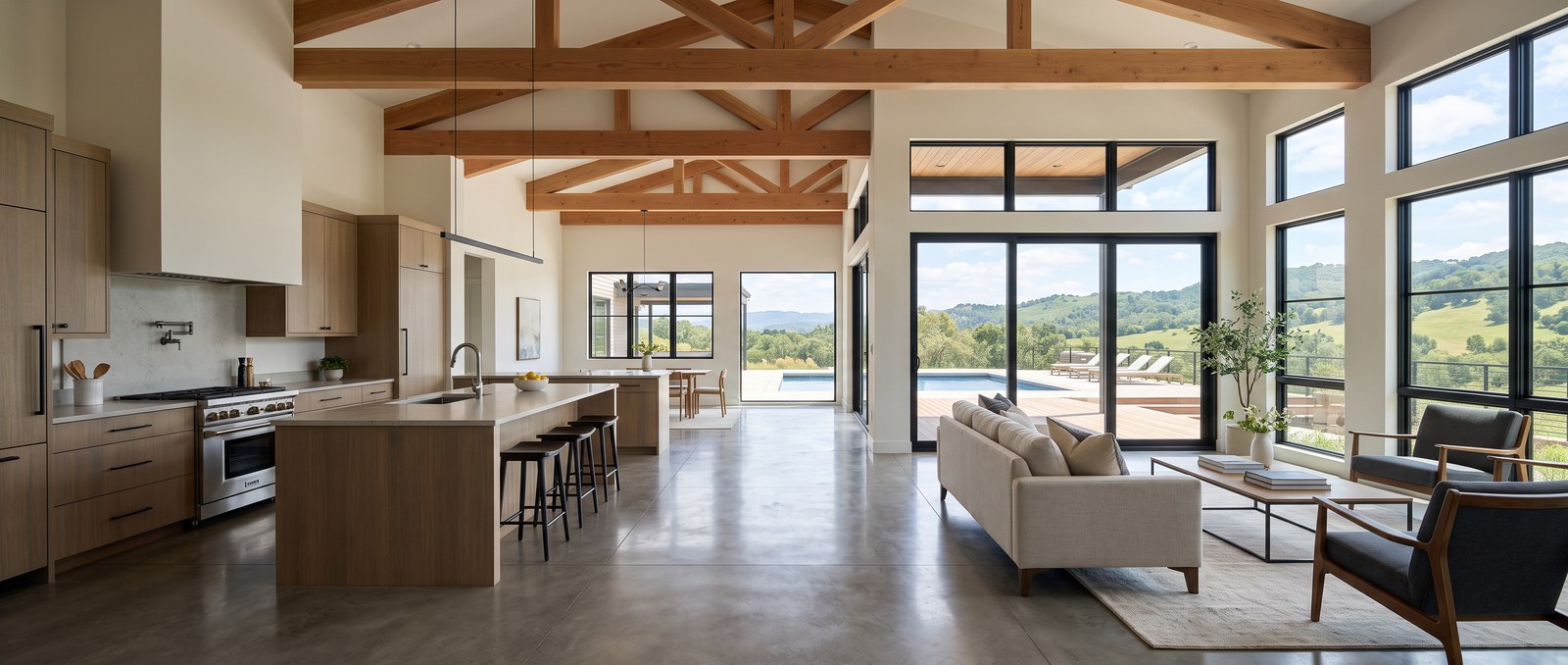 A staged new-construction show home living room with designer furniture