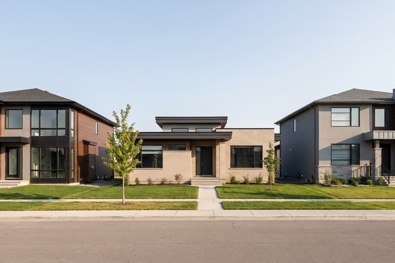 Three different new-construction home exteriors on the same Edmonton street