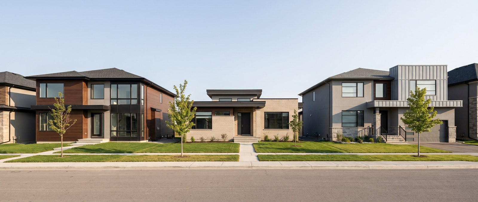 Three different new-construction home exteriors on the same Edmonton street