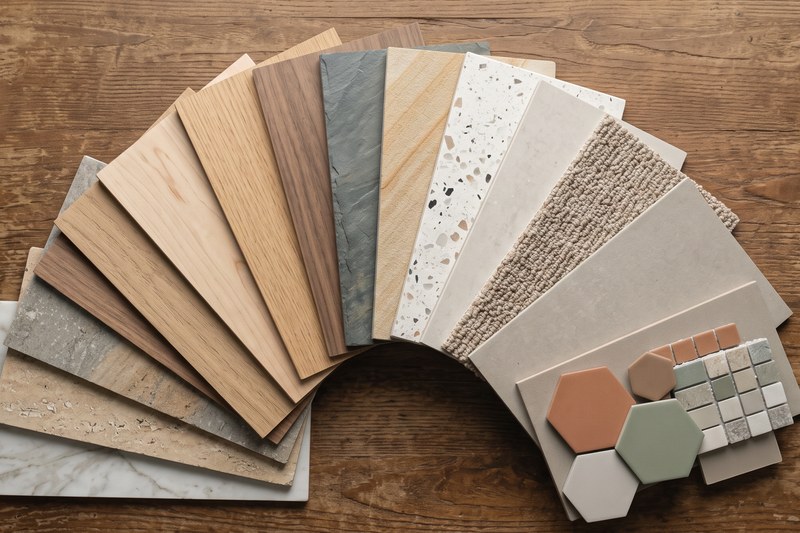 Flooring and tile material sample swatches fanned out on a wooden table
