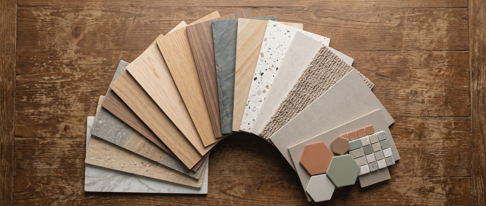 Flooring and tile material sample swatches fanned out on a wooden table