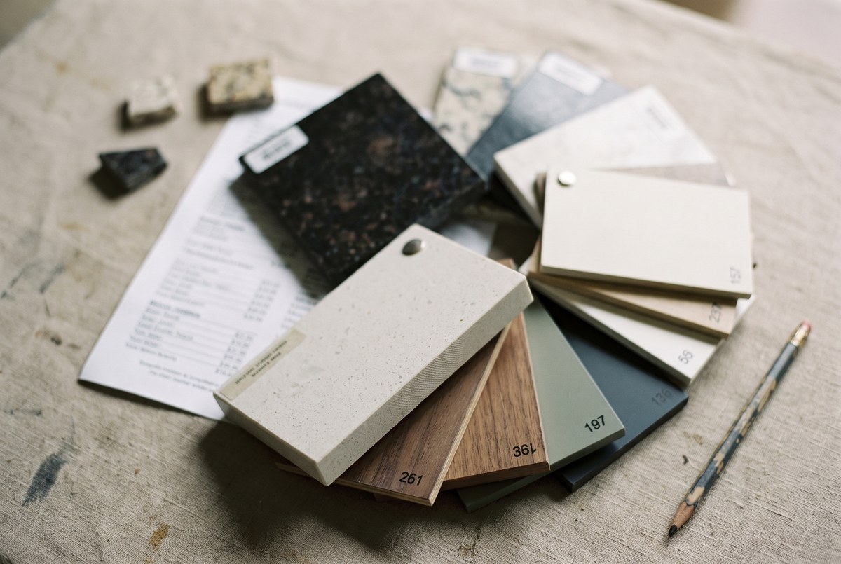Kitchen countertop and cabinet finish samples arranged on a table