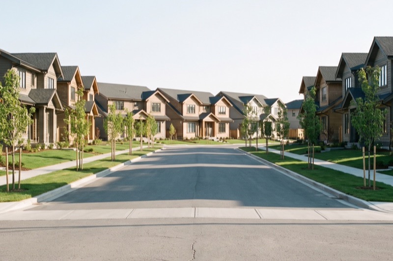 A row of new-construction show homes on a suburban street
