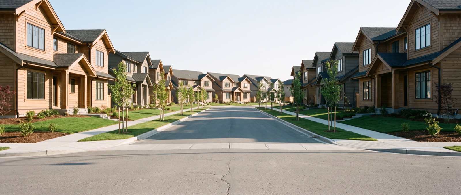 A row of new-construction show homes along a suburban street