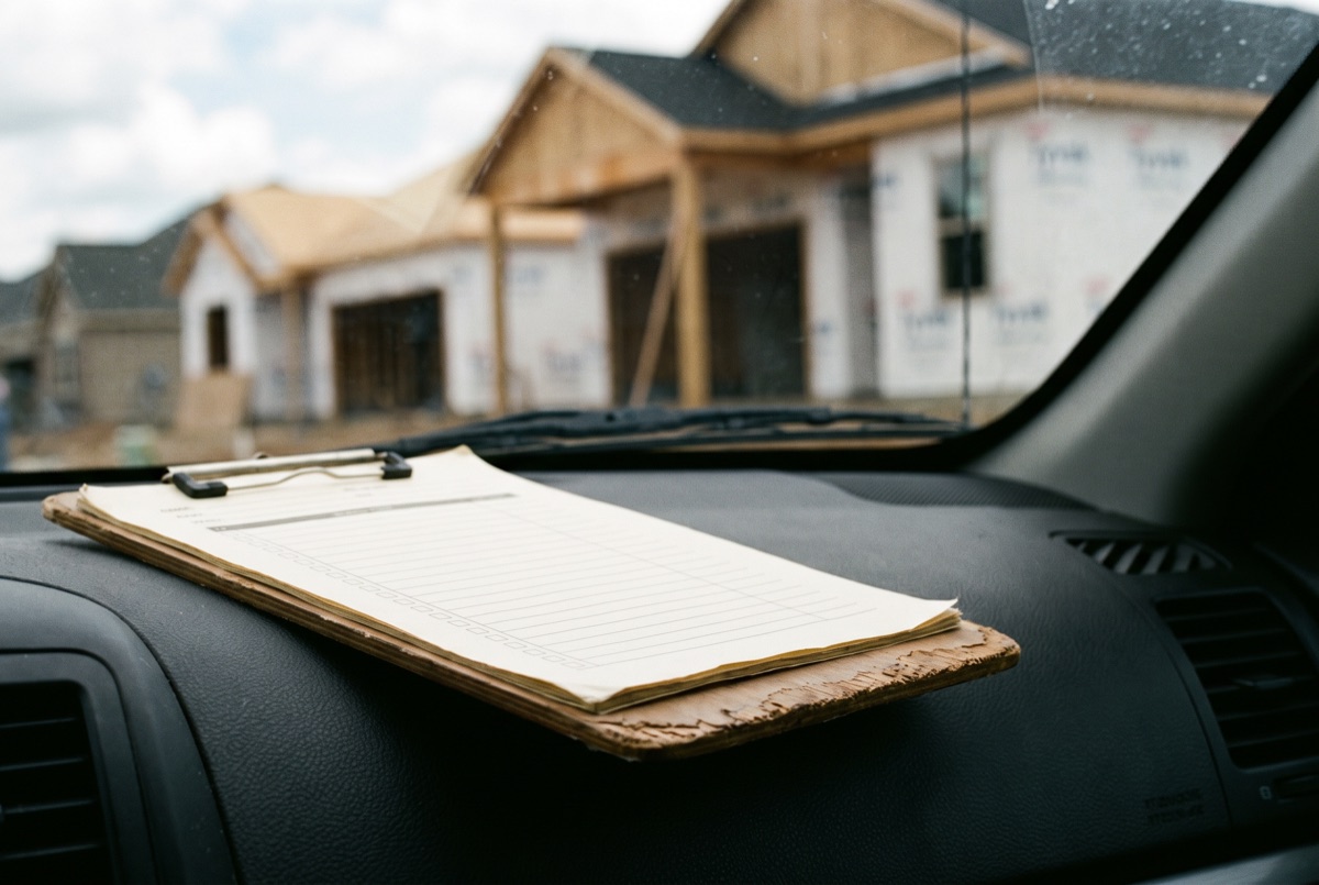 A blank clipboard with a checklist resting on a car dashboard