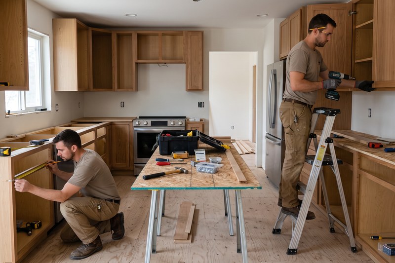 A kitchen mid-renovation with new cabinetry being installed