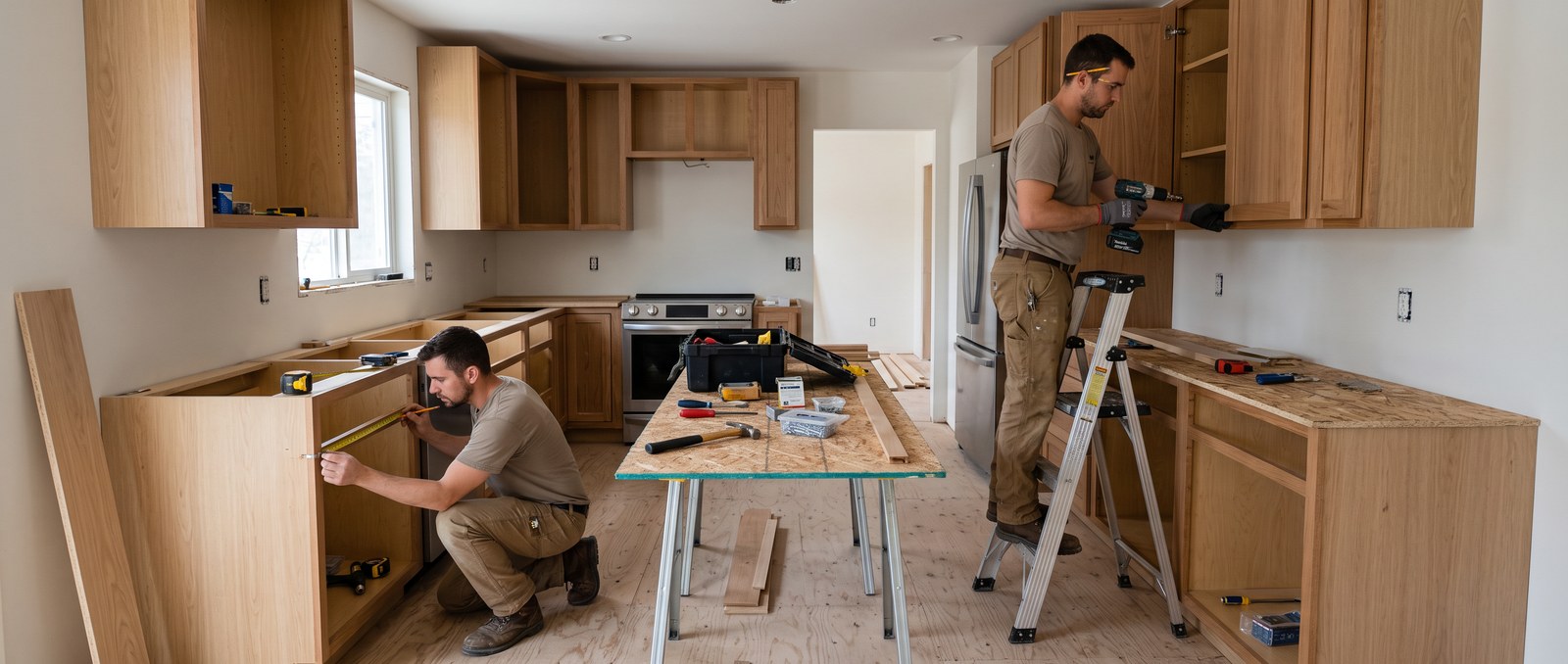 A kitchen mid-renovation with new cabinetry being installed