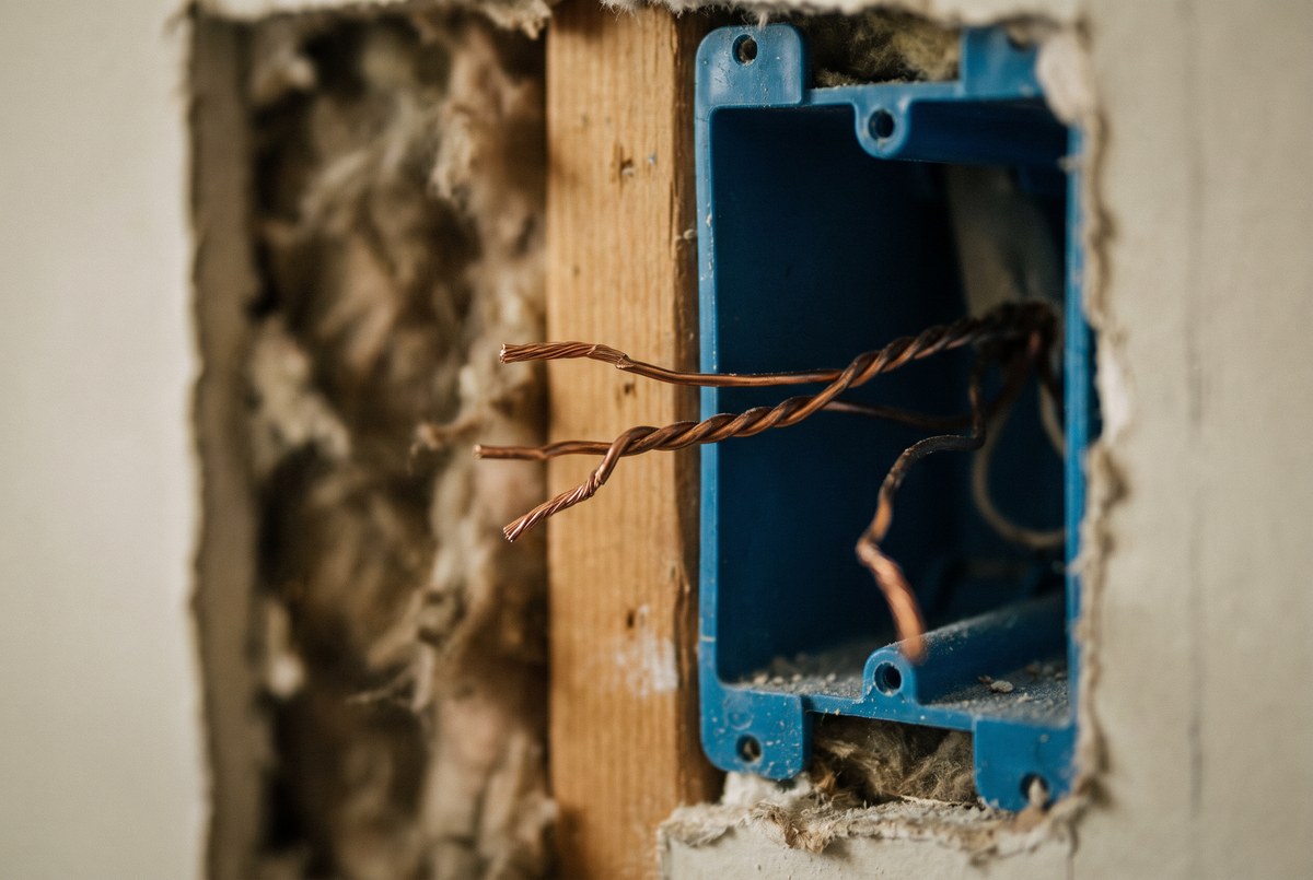Electrical wiring and outlet rough-ins visible in an unfinished wall frame