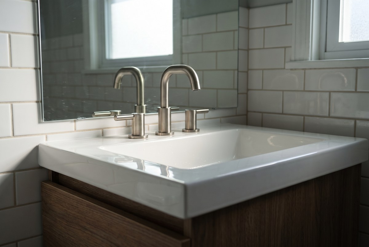 A neutral, updated bathroom with modern fixtures and tile