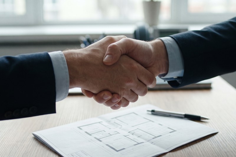 Two people shaking hands in a modest show-home sales office