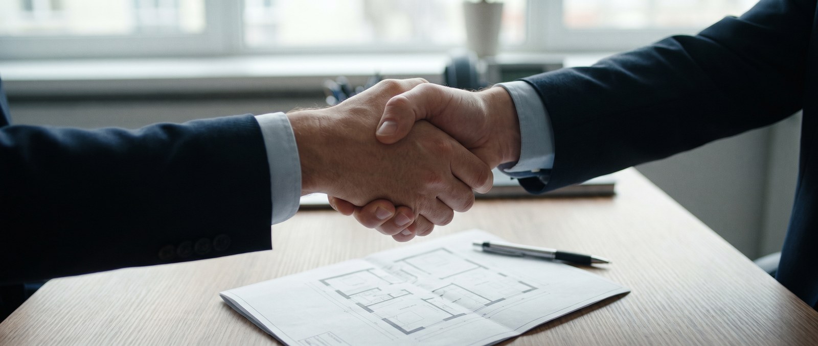 Two people shaking hands in a modest show-home sales office