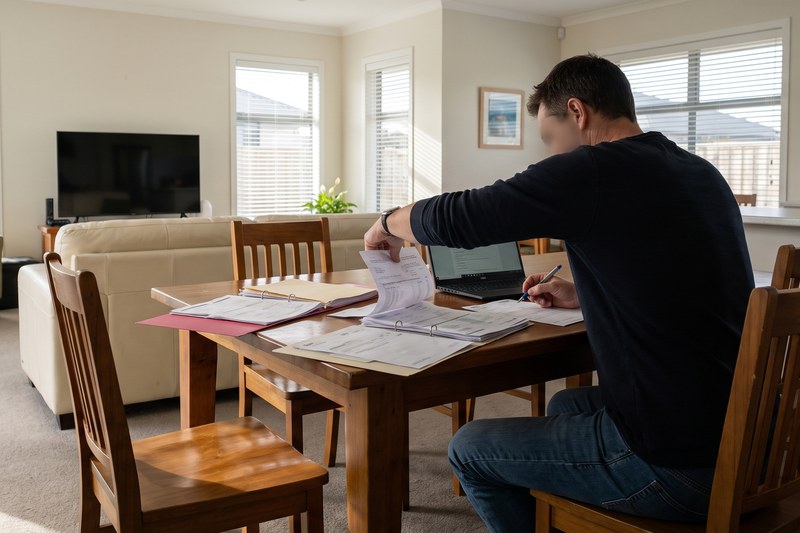 A warranty booklet and house keys on a table