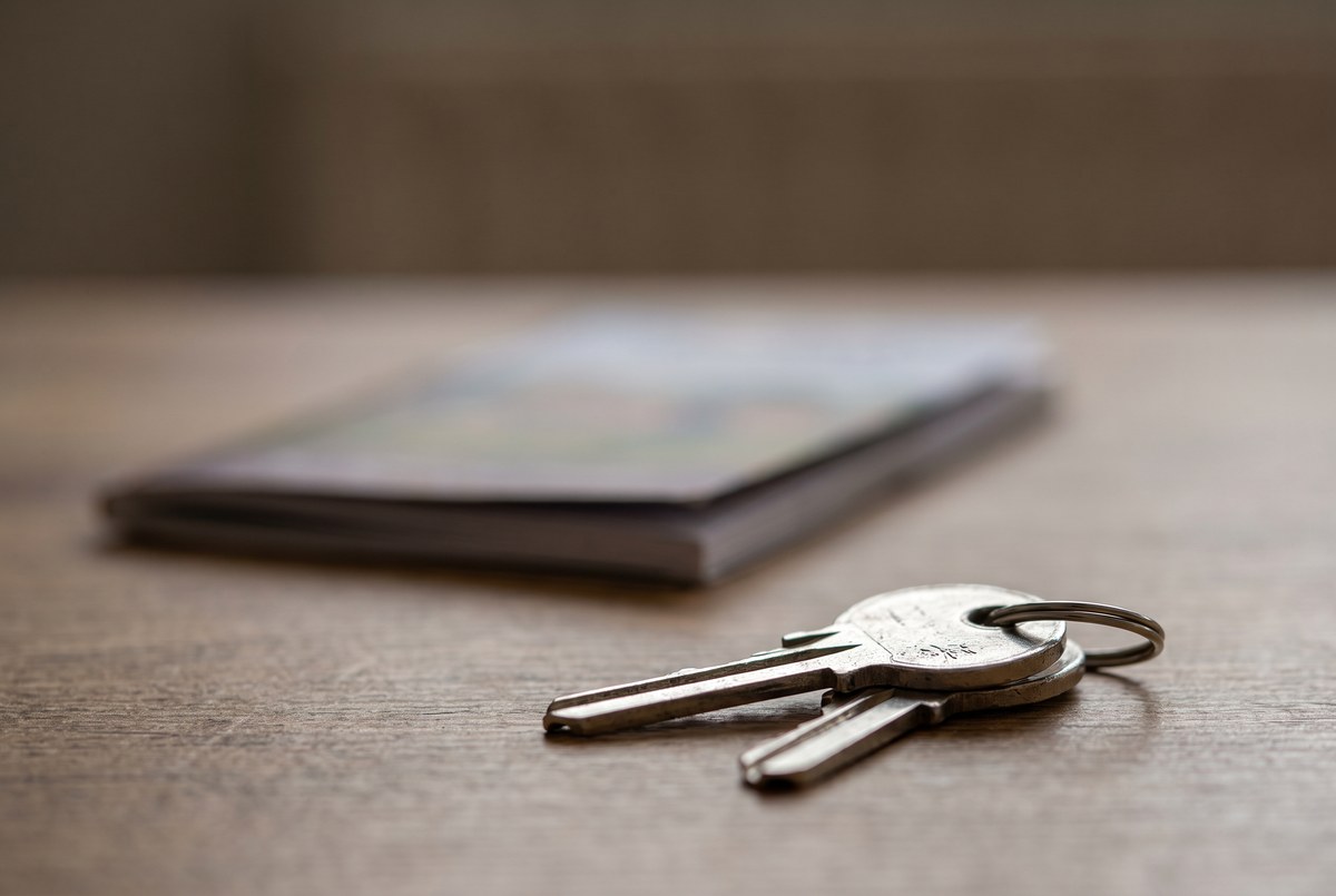 A homeowner reviewing a new-home warranty document at a kitchen table