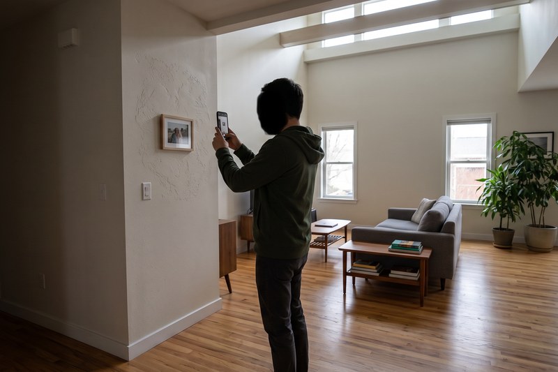 A homeowner photographing a deficiency with a phone for a warranty claim
