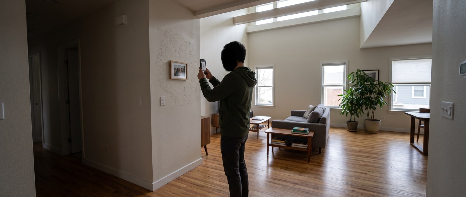 A homeowner photographing a deficiency with a phone for a warranty claim