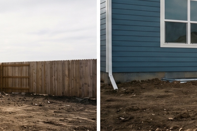 Backyard of a modest new-construction home with a bare unfinished dirt yard