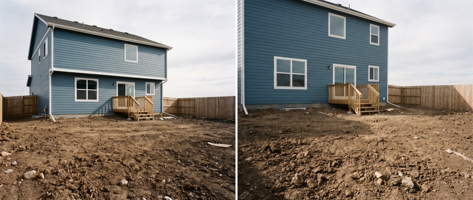 Backyard of a modest new-construction home with a bare unfinished dirt yard