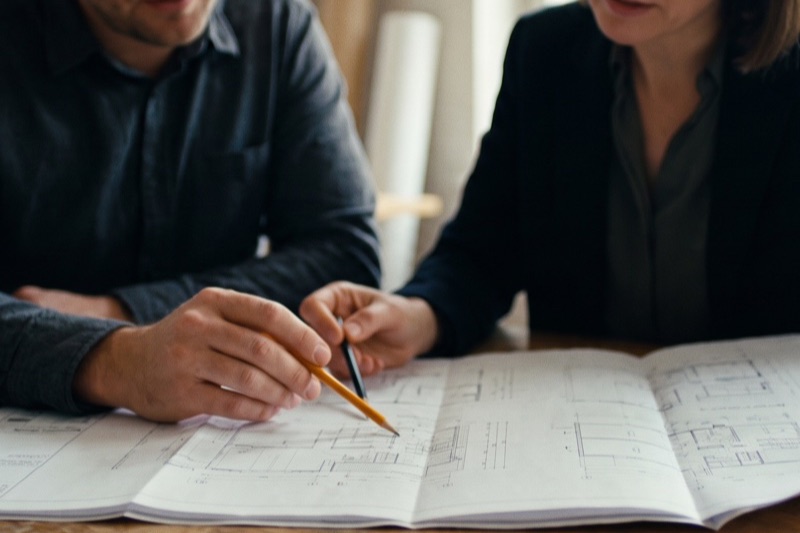 Two people reviewing a house floor plan together at a table