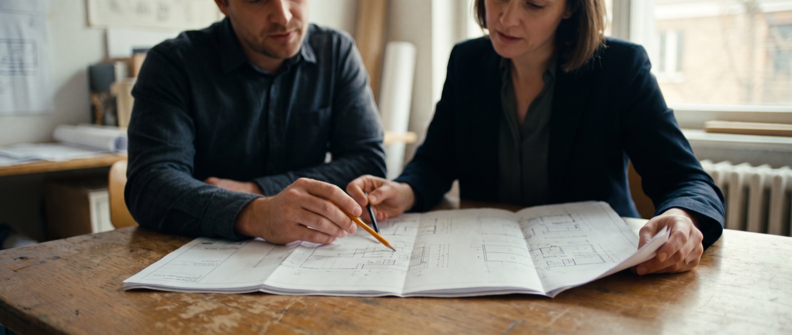Two people collaborating over a house floor plan at a bright table