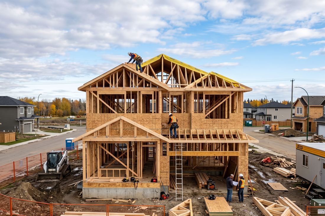 Framing and roof truss stage of a new-construction home under construction in Edmonton
