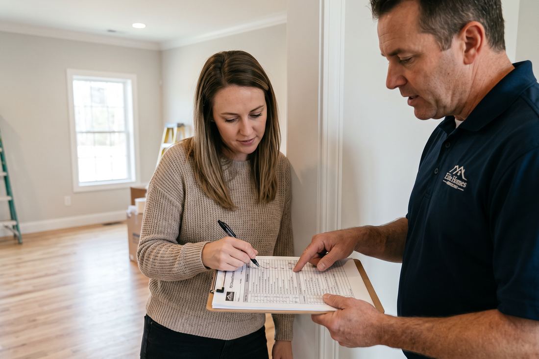 Buyer and builder representative reviewing a pre-delivery inspection checklist in a new-construction home