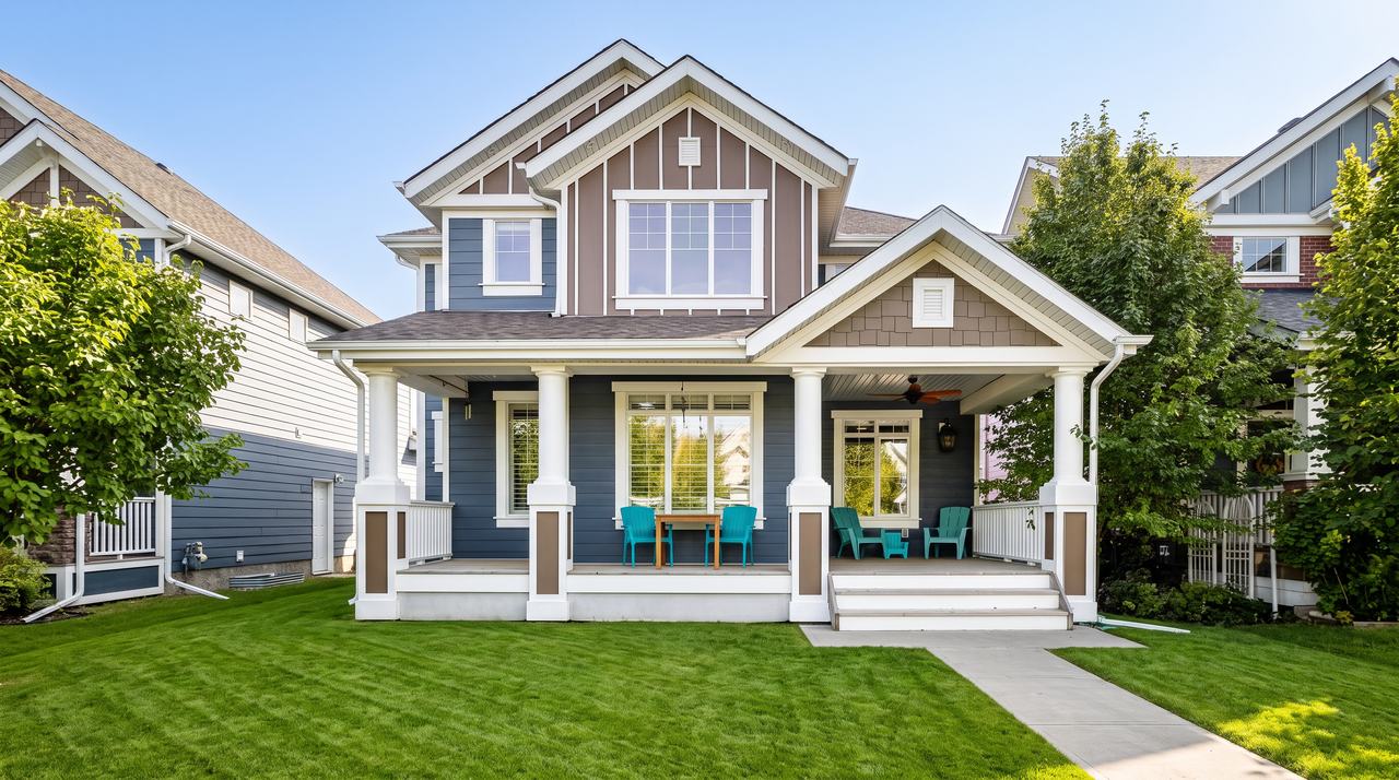 Two-storey new-construction home with a covered front porch in Summerside, Edmonton
